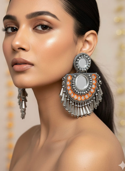 Chandrika Mirror Orange Handmade Beaded Earrings
