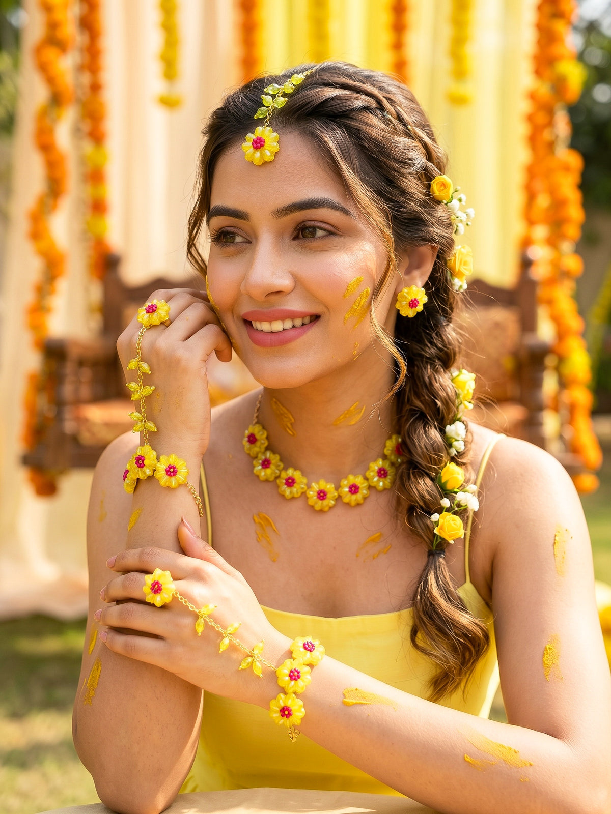 Sparkling Yellow Pink Daisy Flower Handmade Beaded Haldi Jewellery Set (Necklace + Earrings + Hathphools + Maangtika)