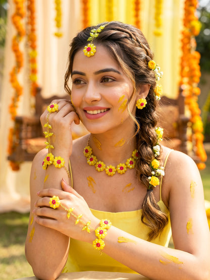 Sparkling Yellow Pink Daisy Flower Handmade Beaded Haldi Jewellery Set (Necklace + Earrings + Hathphools + Maangtika)