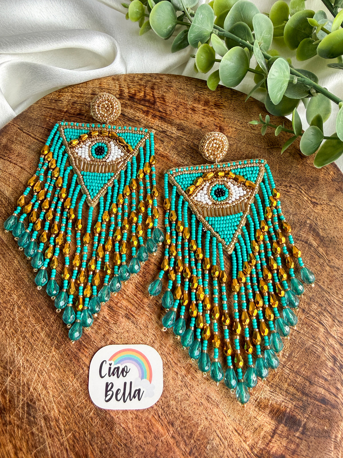 Luxe Evil Eye Teal Blue Handmade Beaded Tassel Earrings