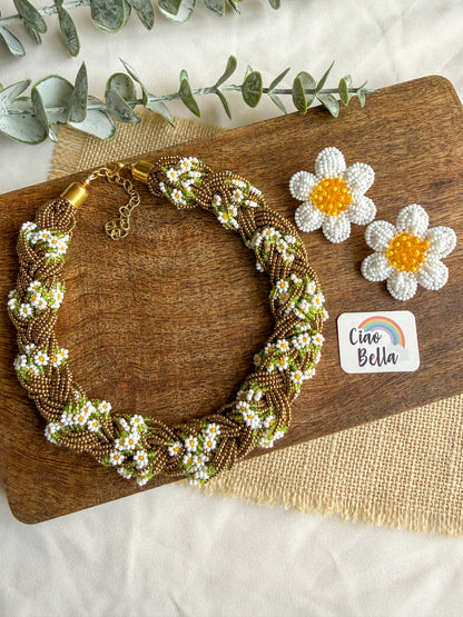 Luxe Flora Antique Brown Gold Handmade Beaded Necklace + Earrings Set