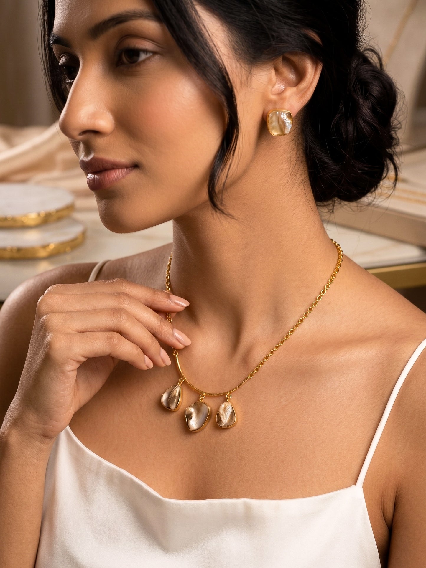 Celestial Mother of Pearl Handmade Brass Necklace + Stud Earrings Set