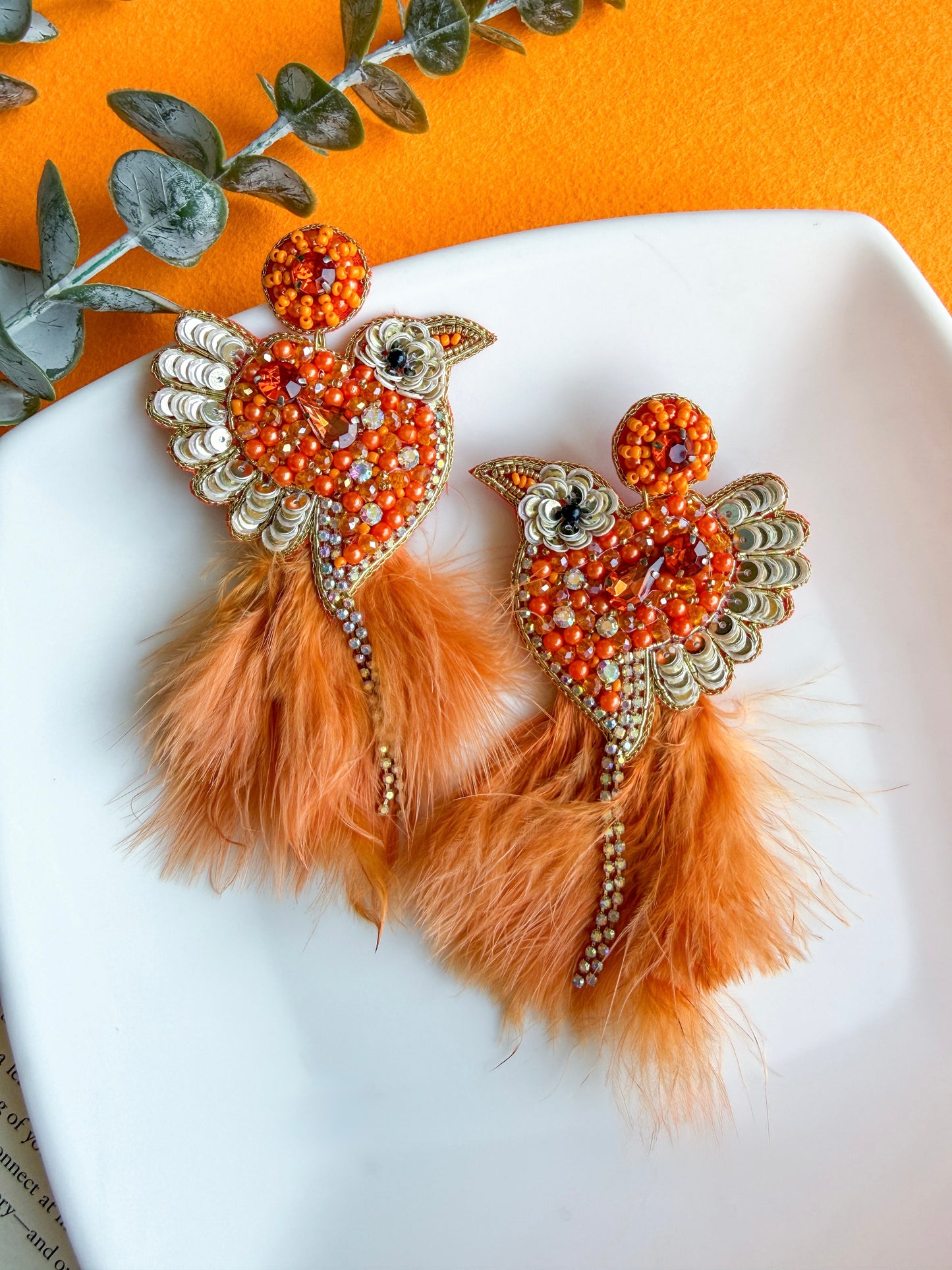 Glamorous Orange Birdies Handmade Beaded Bird Earrings