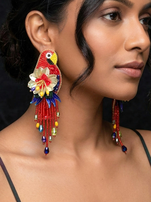 Luxe Paradise Red Parrot Earrings Handmade Beaded Bird Earrings