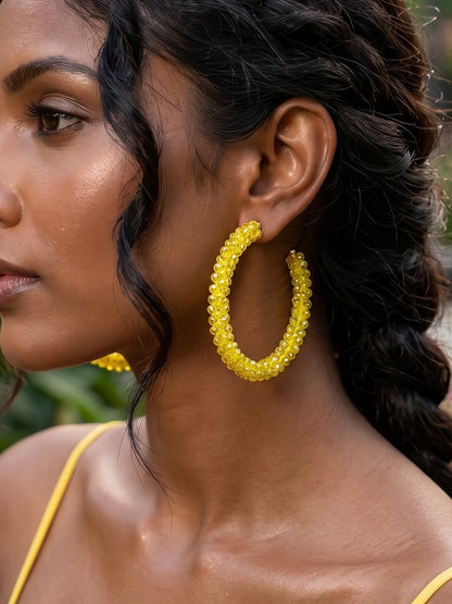 Woven Yellow Crystal Handmade Beaded Hoop Earrings