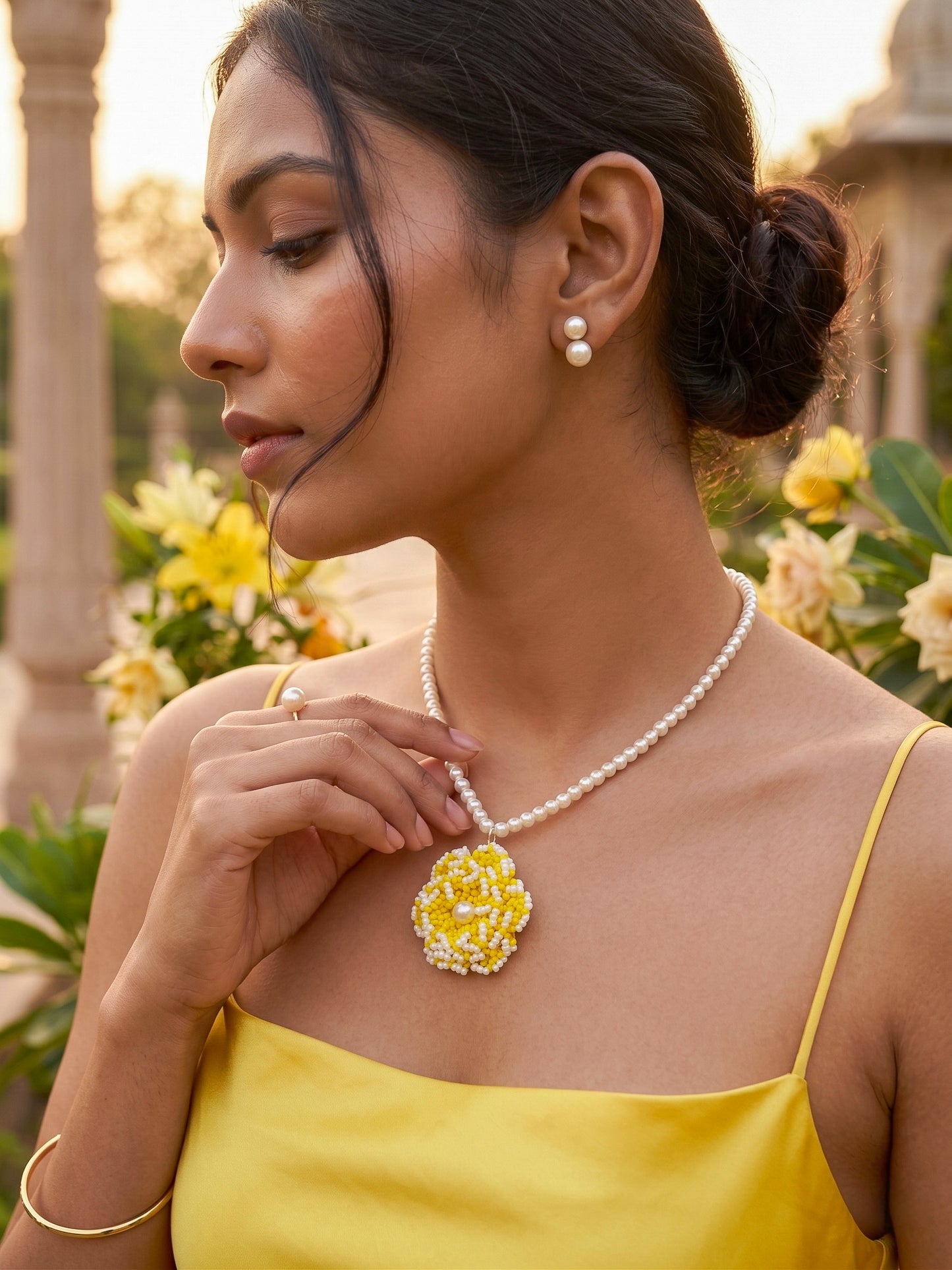 Crochet Yellow White 3D Rose Flower Handmade Beaded Necklace