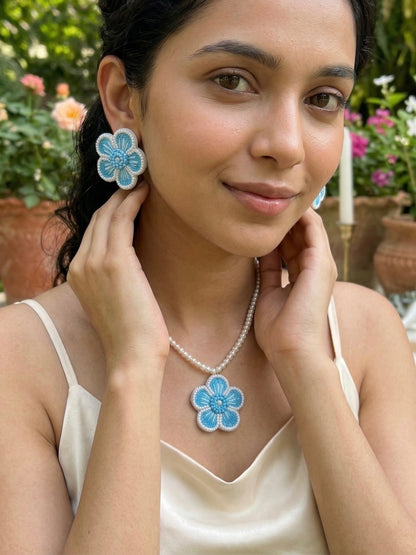 Aqua Blue Blossom Flower Handmade Beaded Necklace + Earrings Set