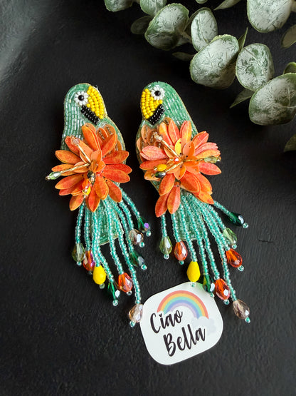 Luxe Paradise Mint Lagoon Orange Parrot Earrings Handmade Beaded Bird Earrings