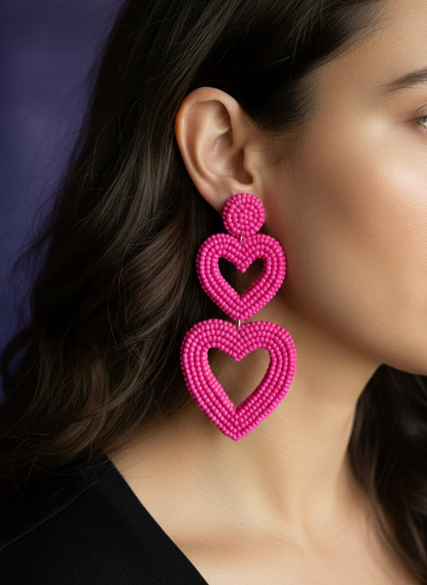 Steal My Love Handmade Beaded Pink Heart Shaped Earrings