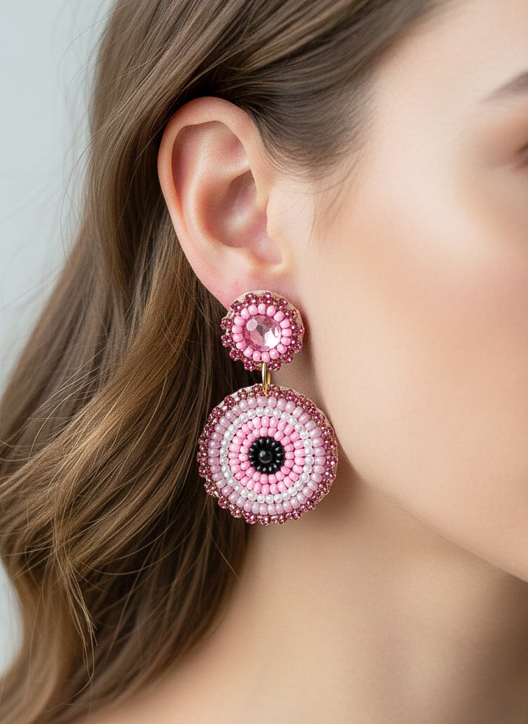 Blush Pink Mini Evil Eye Handmade Beaded Earrings