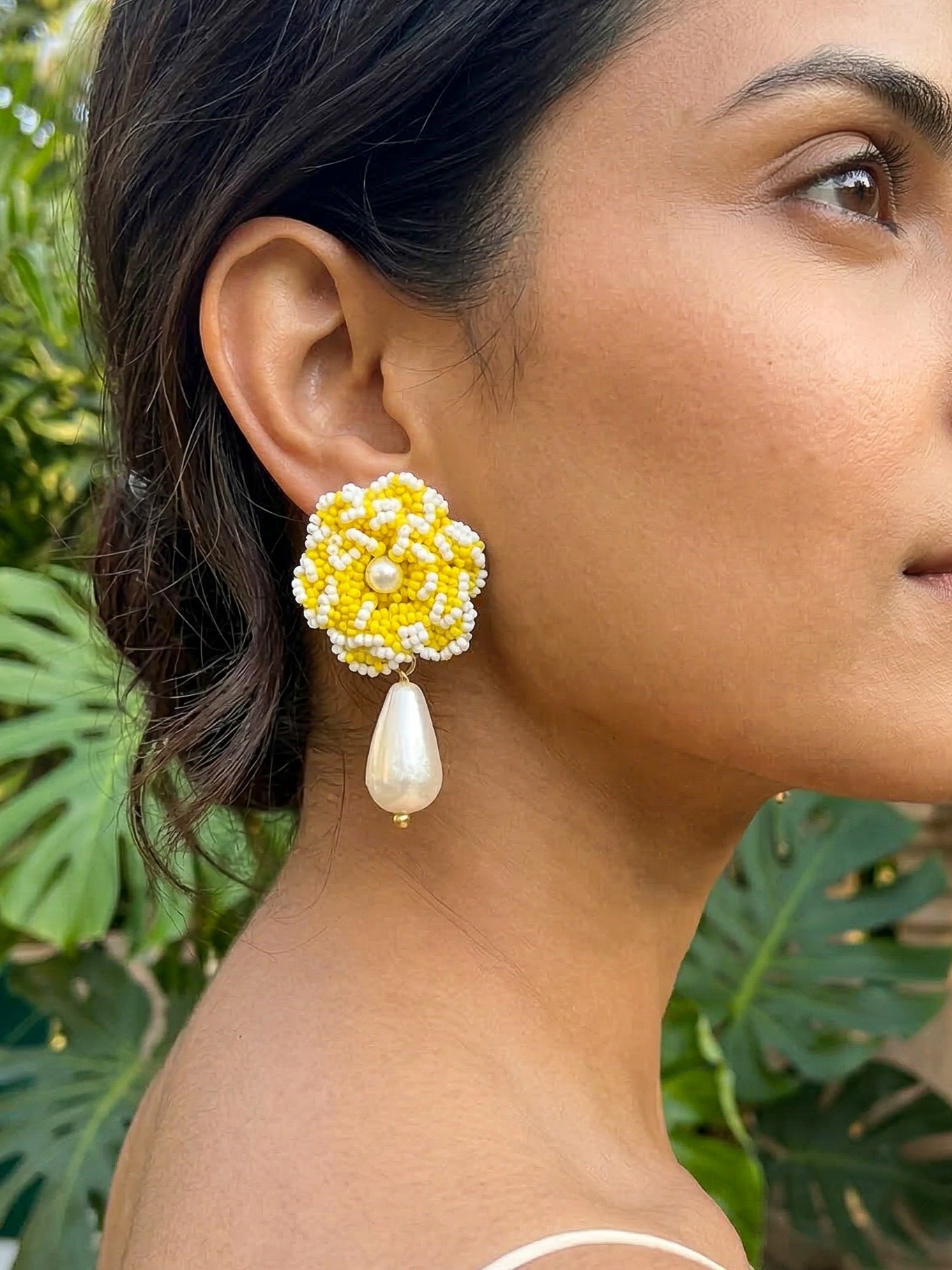 Crochet Yellow White 3D Rose Pearl Drops Flower Handmade Beaded Earrings