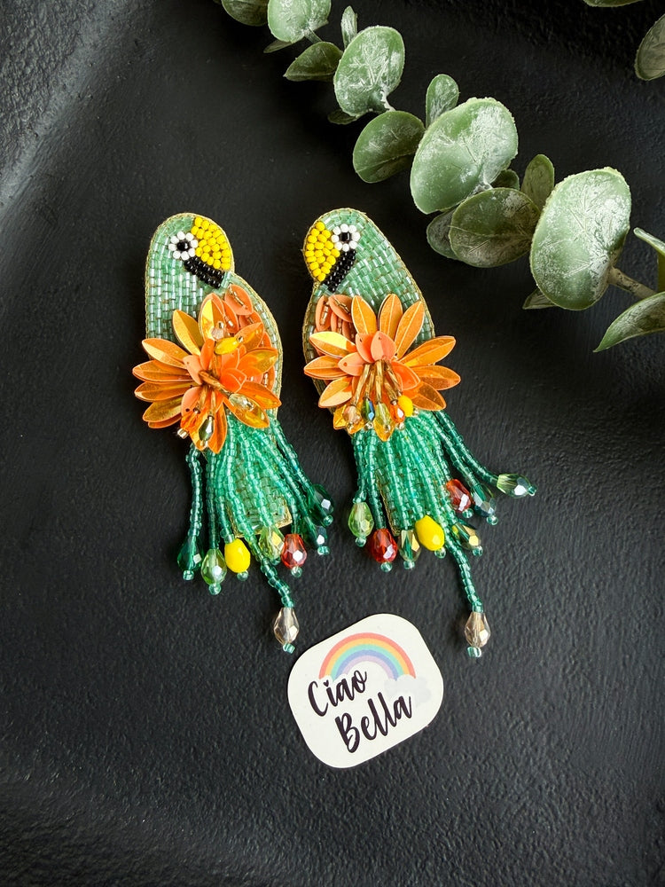 Luxe Paradise Teal Mint Lagoon Orange Parrot Handmade Beaded Bird Earrings