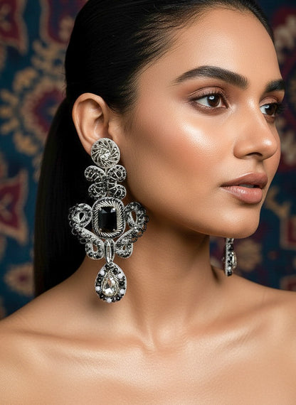 Aashna Silver Black Handmade Beaded Statement Earrings
