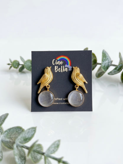 Hello Birdie Handmade Brass Earrings - Grey Round