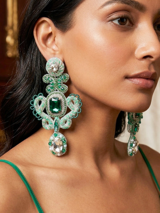 Aashna Silver Green Handmade Beaded Statement Earrings