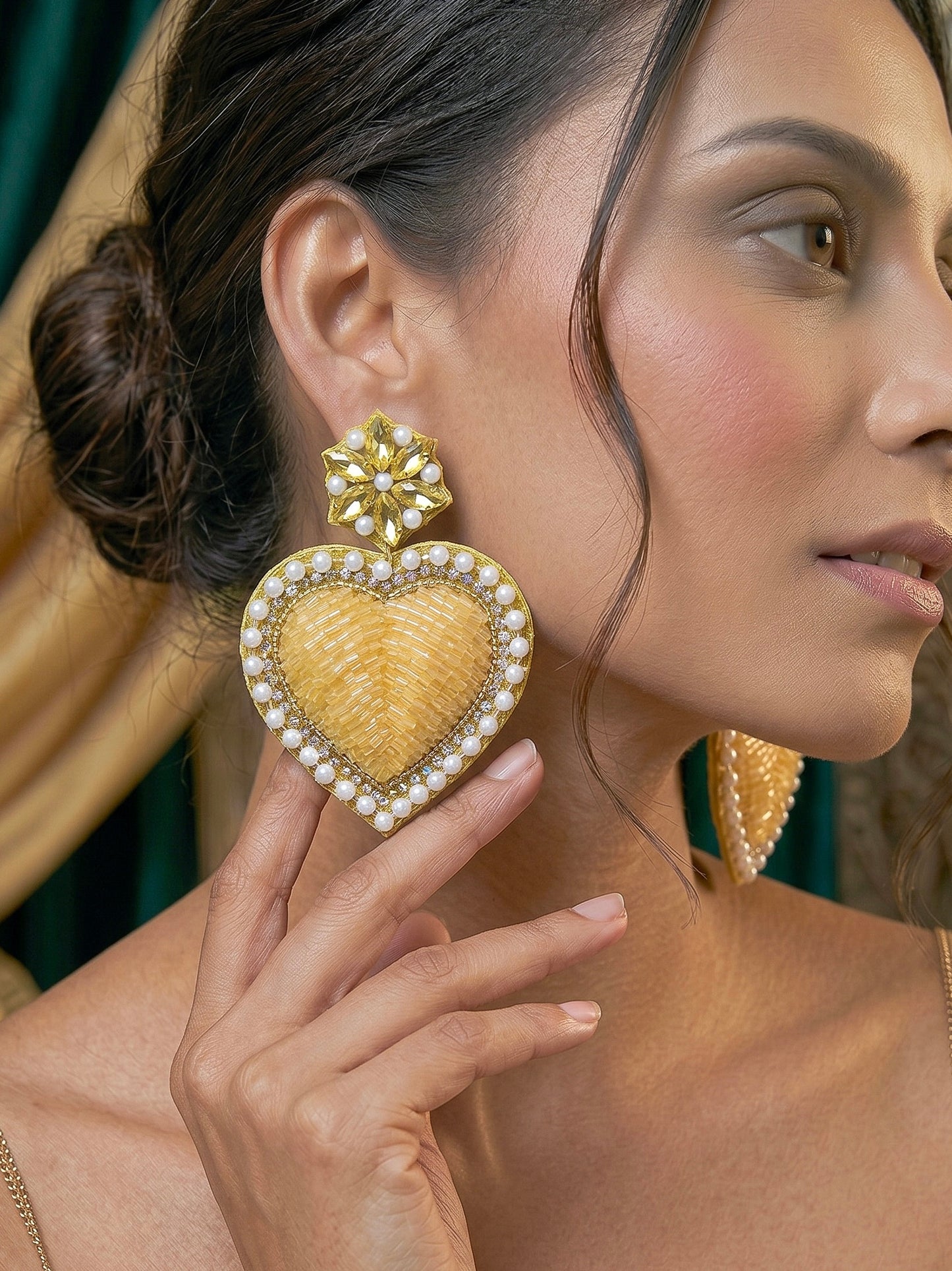 Ishqiya Yellow Heart Drop Handmade Beaded Earrings