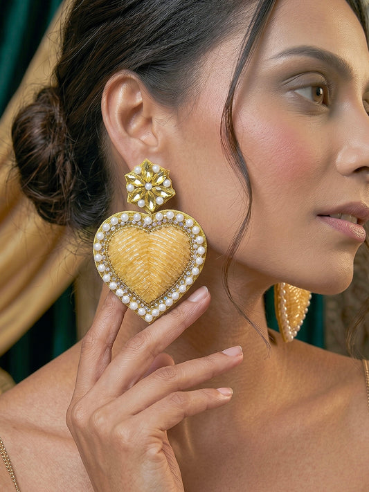 Ishqiya Yellow Heart Drop Handmade Beaded Earrings