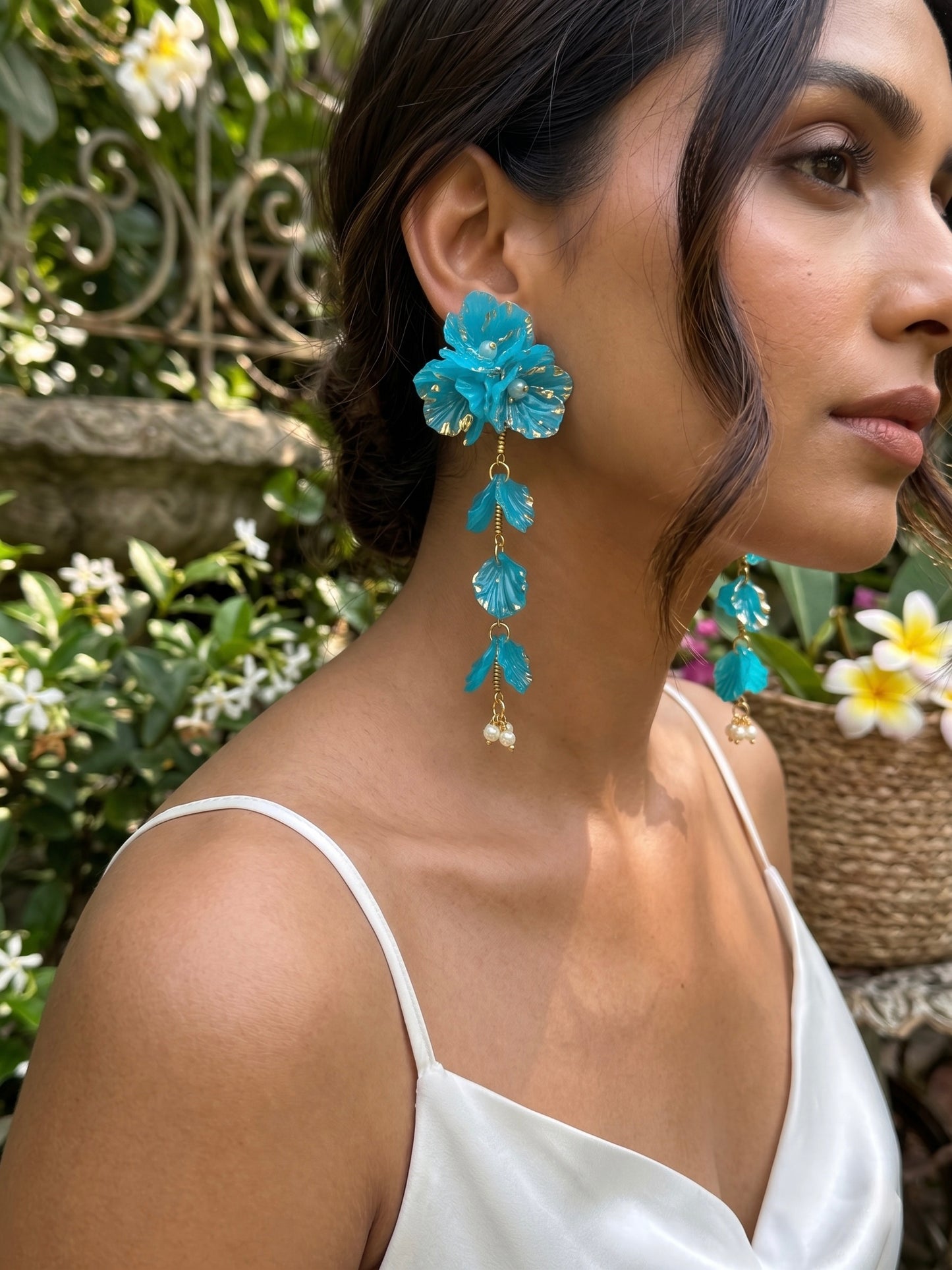 Aurelia Flower Teal Blue Statement Handmade Beaded Earrings