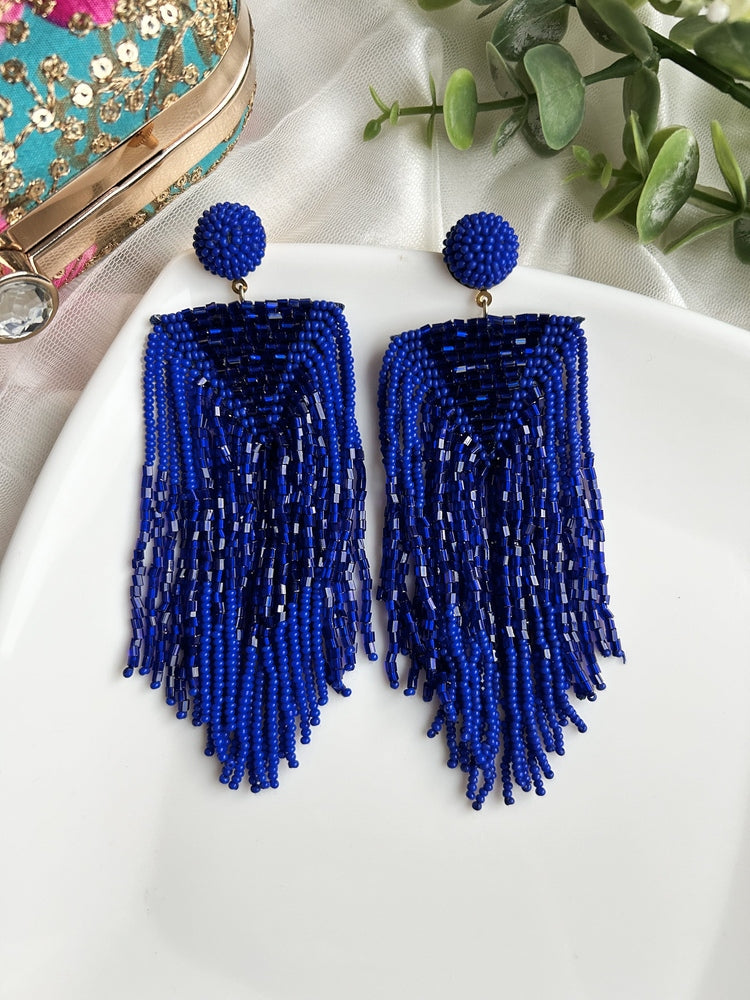 Luxe Midnight Blue Handmade Beaded Tassel Earrings