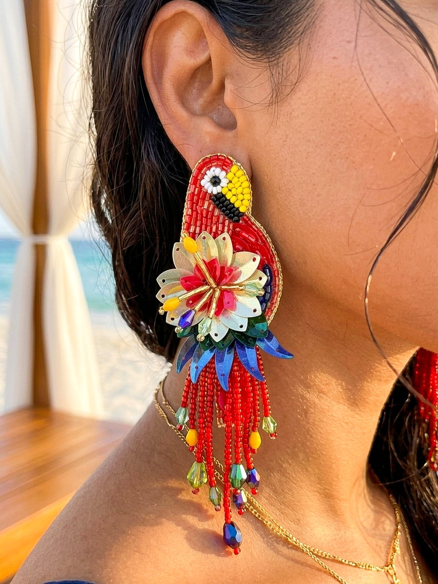 Luxe Paradise Red Parrot Handmade Beaded Bird Earrings