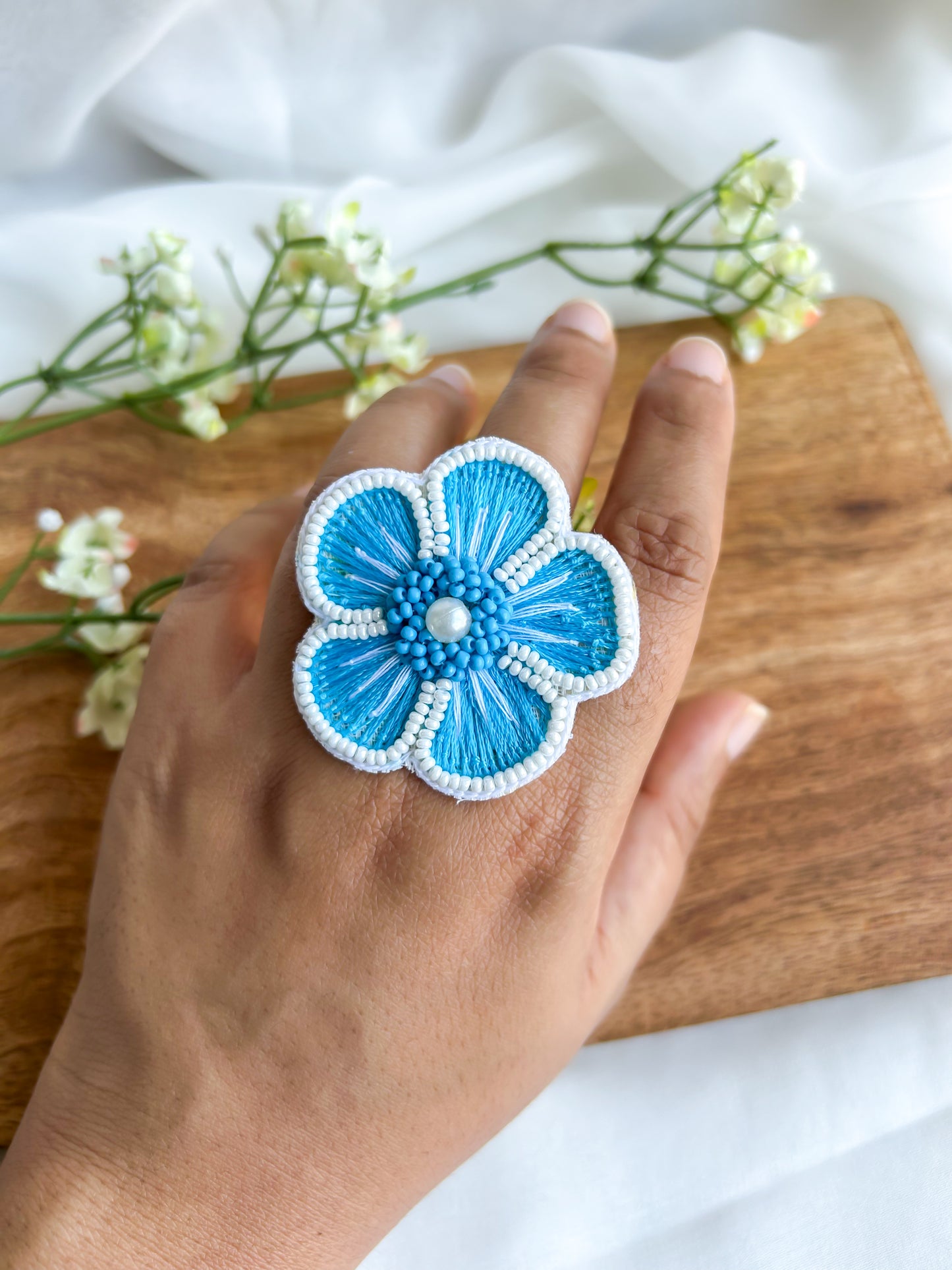 Cool Blue Blossom Handmade Beaded Ring