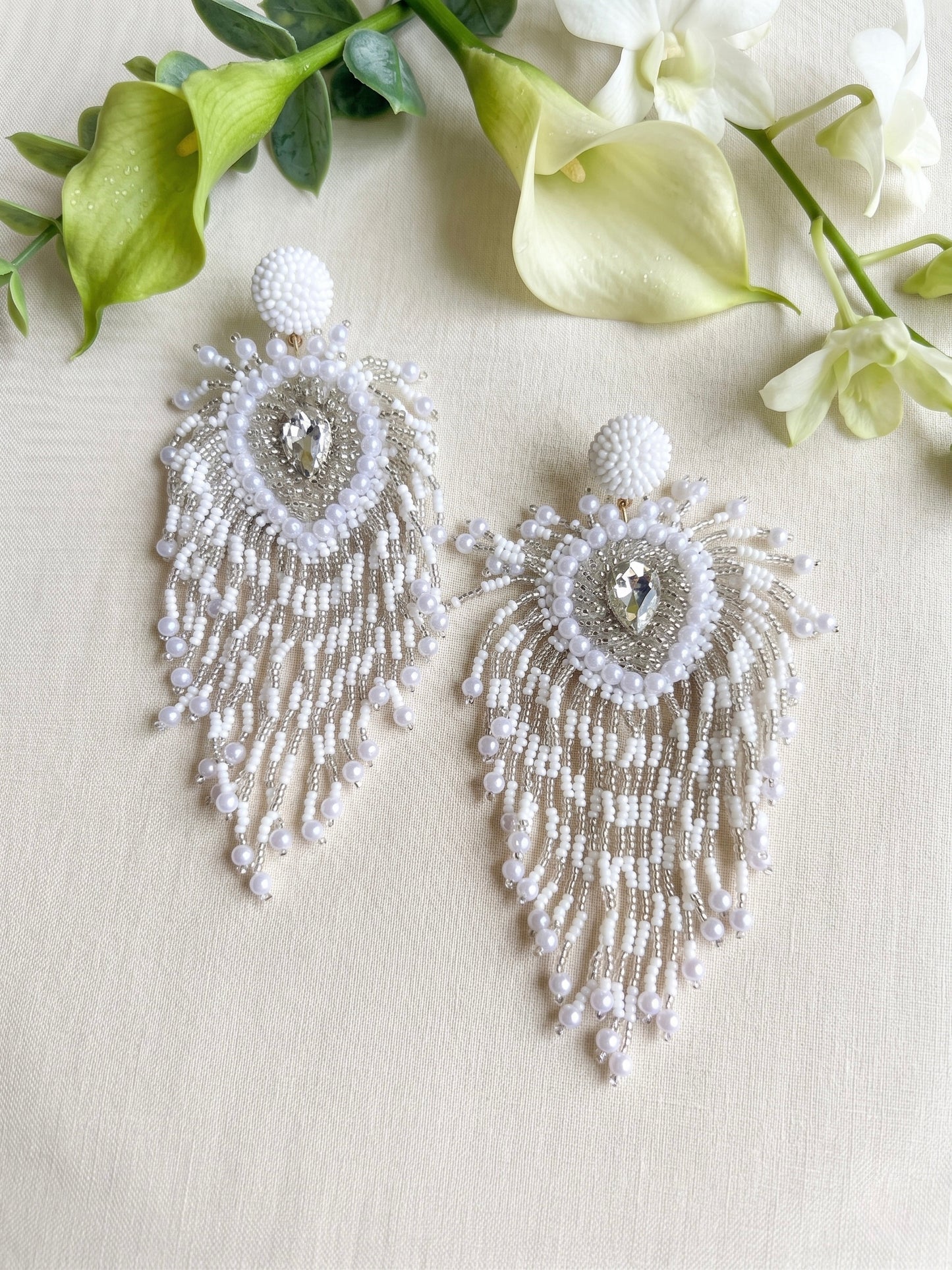 Noorani Peacock Handmade Beaded Bird Feather Tassel Earrings