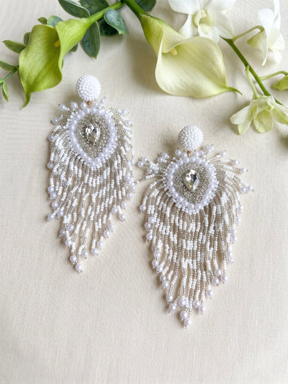 Noorani Peacock Handmade Beaded Bird Feather Tassel Earrings