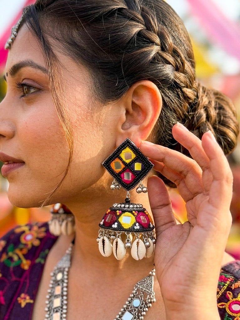 Navrang Mirror Handmade Beaded Jhumka Earrings