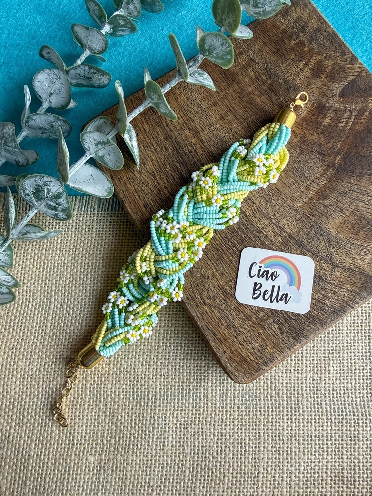 Luxe Flora Light Blue Yellow Handmade Beaded Bracelet