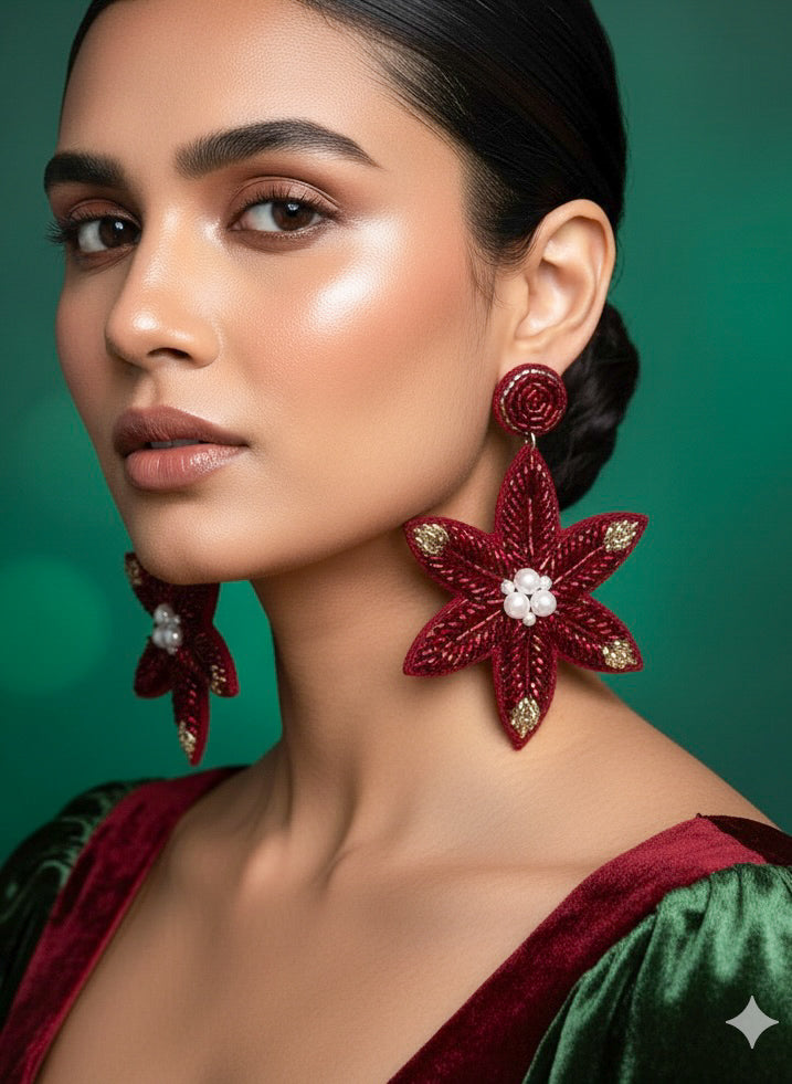 Poinsettia Petals Handmade Beaded Christmas Flower Earrings