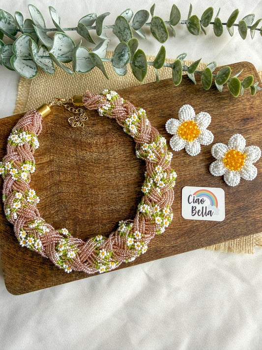 Luxe Flora Rose Gold Handmade Beaded Necklace + Earrings Set