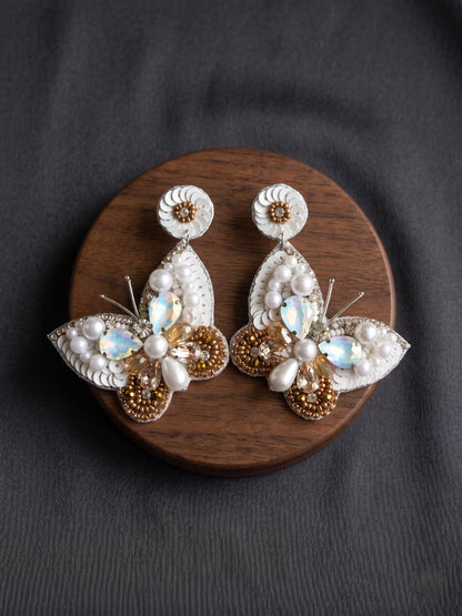 Luxe Crystal White Handmade Beaded Butterfly Earrings