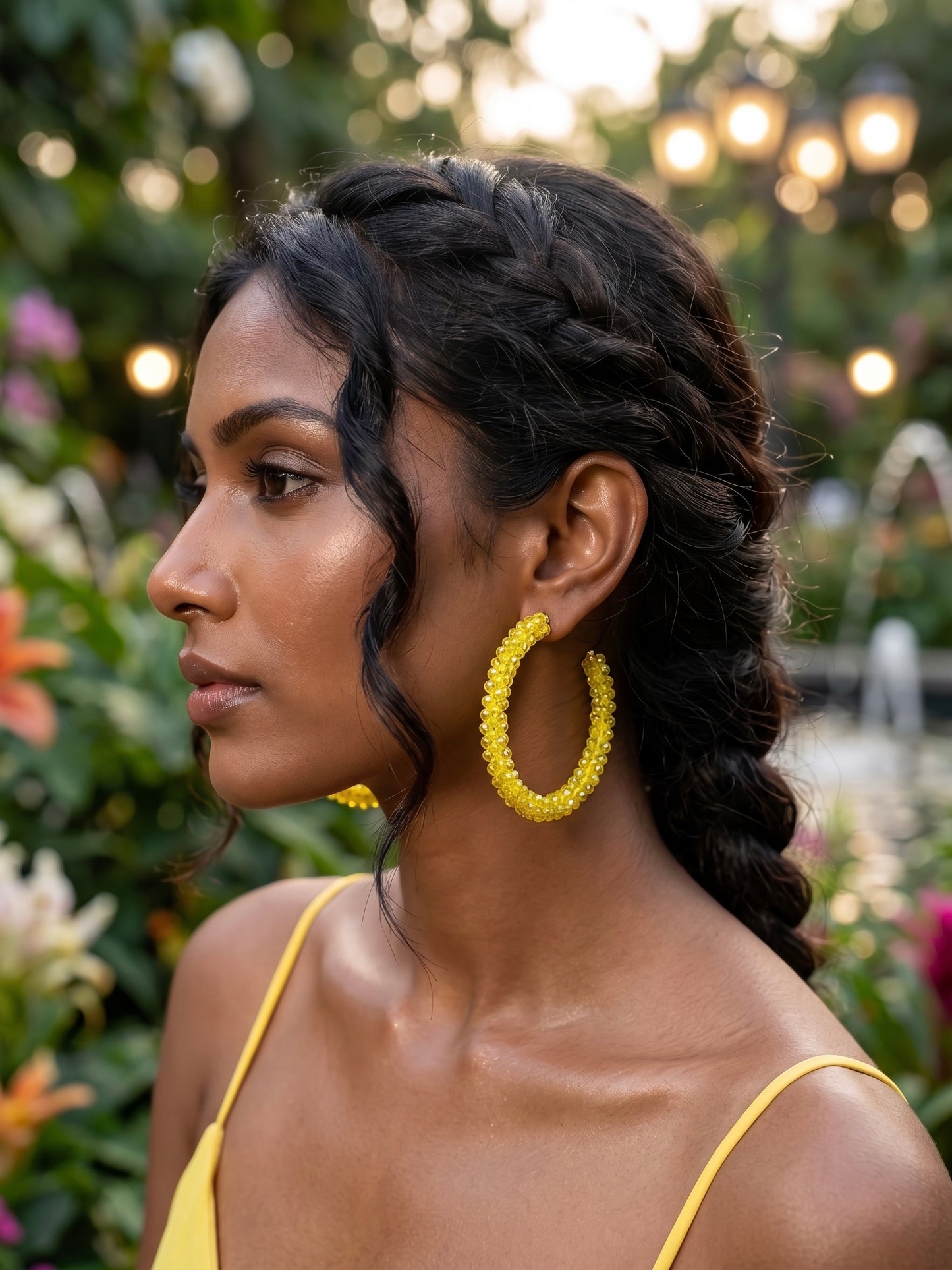Woven Yellow Crystal Handmade Beaded Hoop Earrings