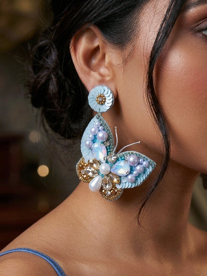 Luxe Crystal Aqua Blue Handmade Beaded Butterfly Earrings