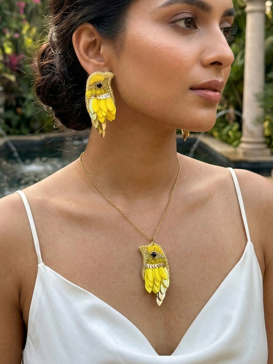 Chirpy Sunny Yellow Parrot Handmade Beaded Necklace + Earrings Set