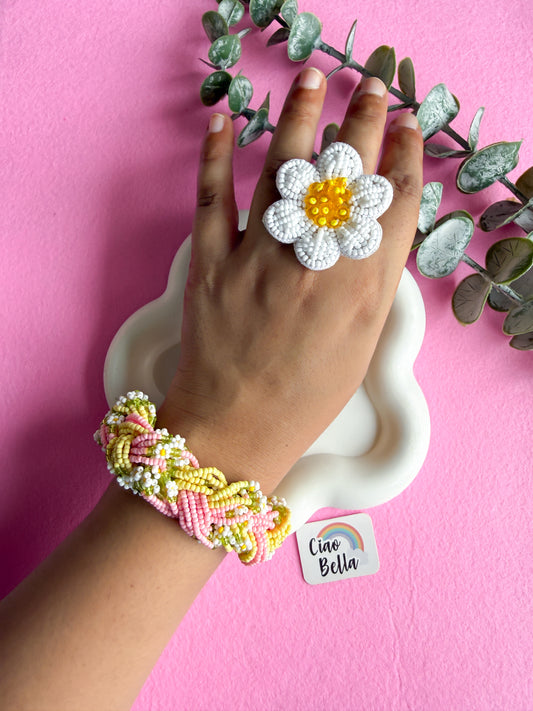 Luxe Flora Pink Yellow Handmade Beaded Bracelet + Ring Combo