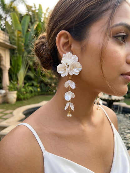Aurelia Flower Pearl White Statement Handmade Beaded Earrings