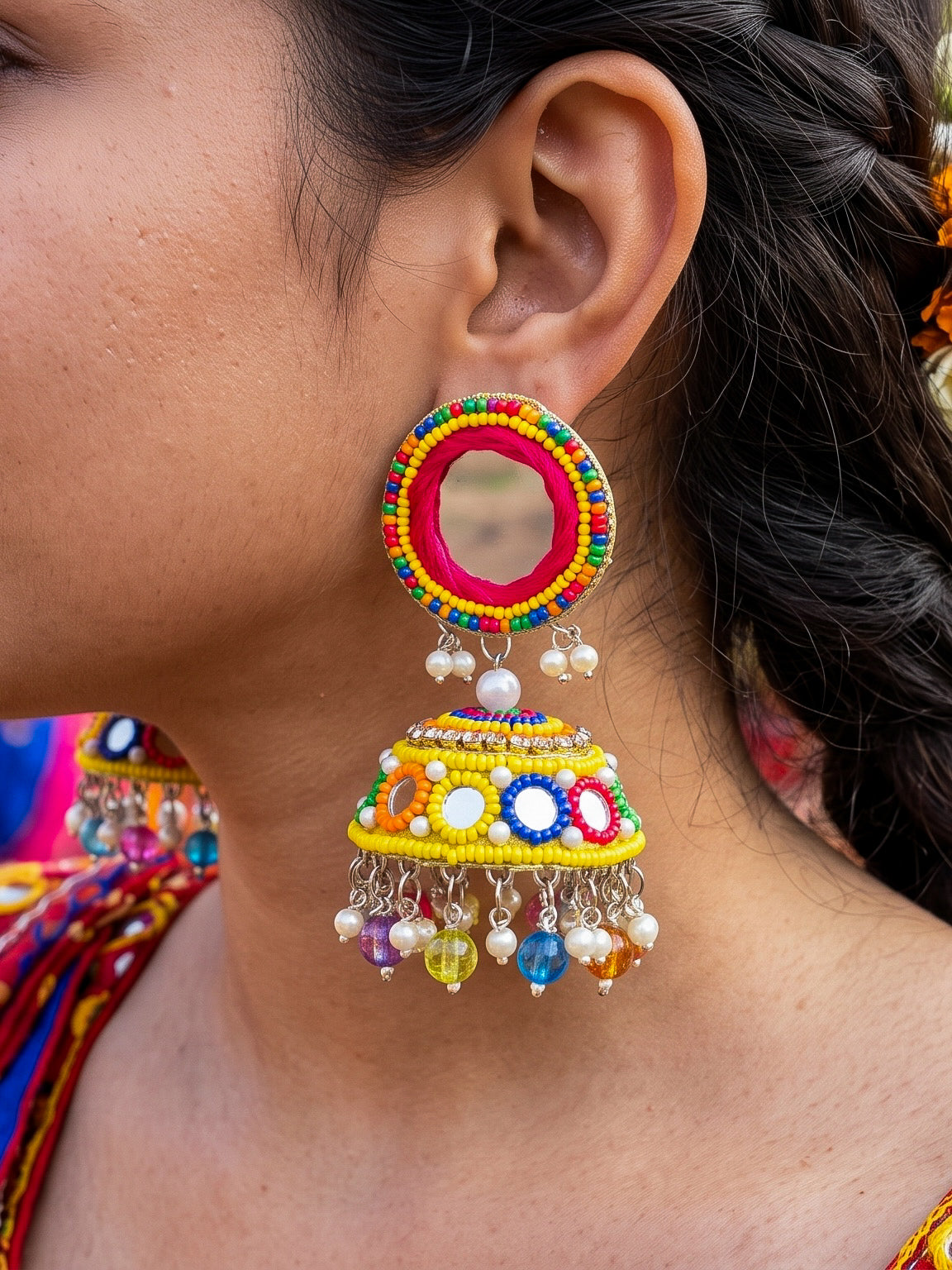 Rangili Yellow Mirror Handmade Beaded Jhumka Earrings