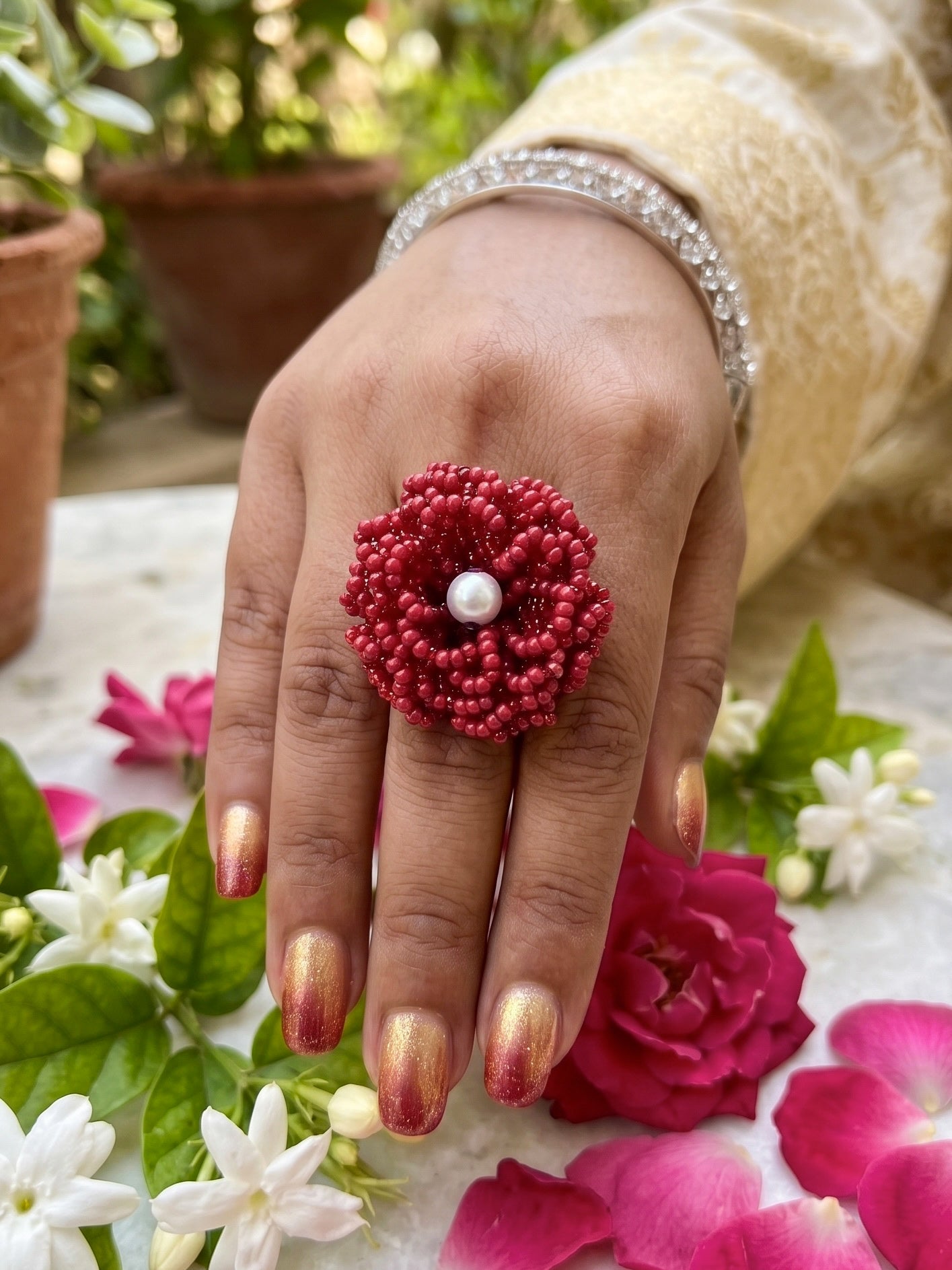 Crochet Deep Red 3D Rose Flower Handmade Beaded Ring