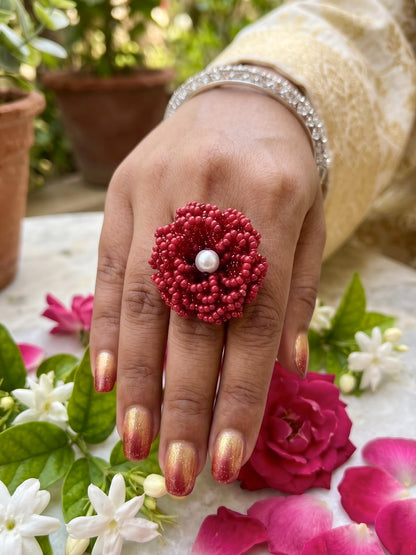 Crochet Deep Red 3D Rose Flower Handmade Beaded Ring