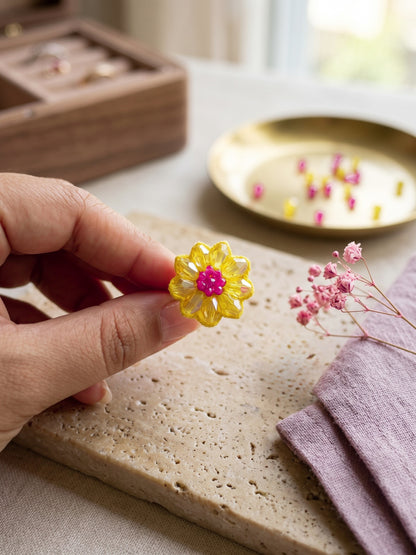 Sparkling Daisy Yellow Pink Handmade Beaded Flower Ring