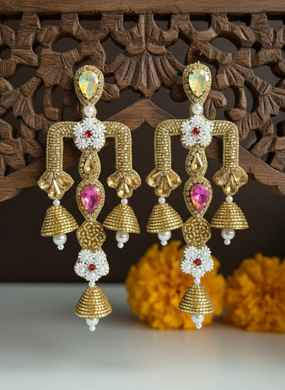 Rajwada Yellow Pink Danglers Handmade Beaded Statement Earrings