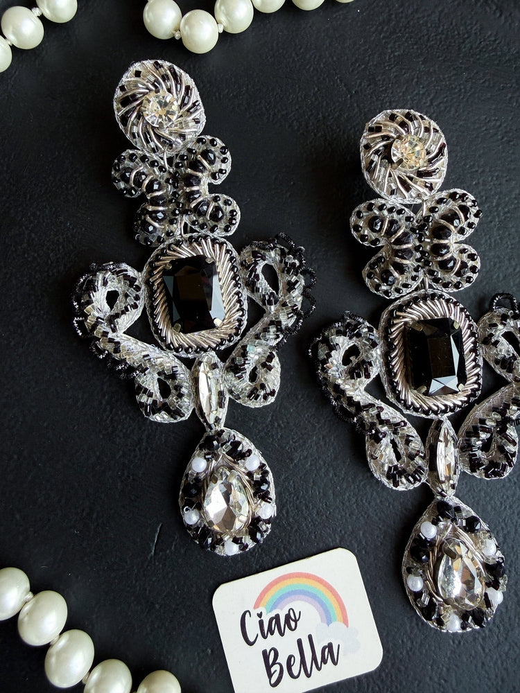 Aashna Silver Black Handmade Beaded Statement Earrings
