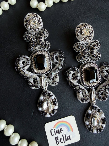 Aashna Silver Black Handmade Beaded Statement Earrings