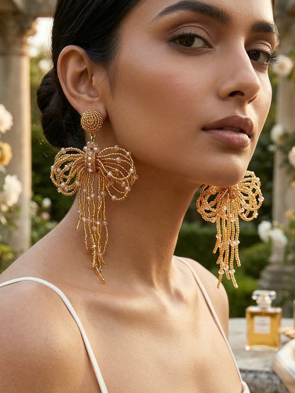 Pookie Bow (Gold) Handmade Beaded Earrings