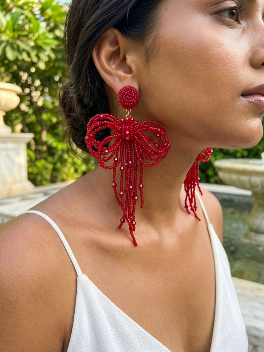 Pookie Bow (Deep Red) Handmade Beaded Earrings