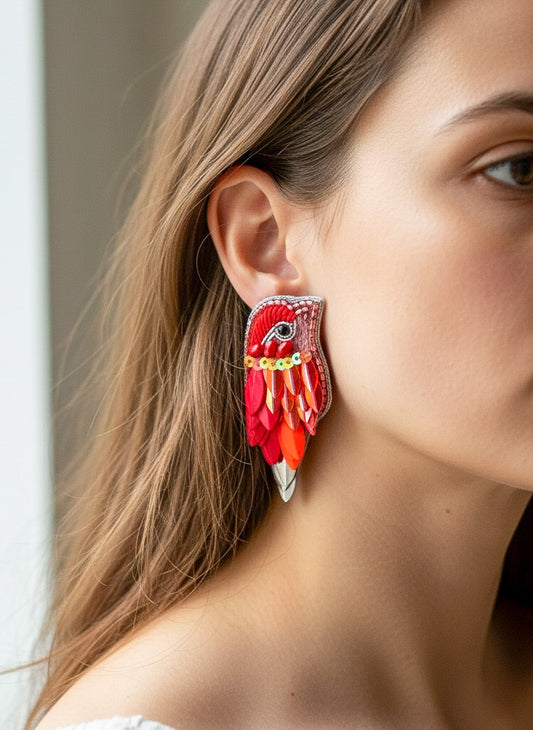 Chirpy Sunset Orange Parrot Handmade Beaded Bird Earrings