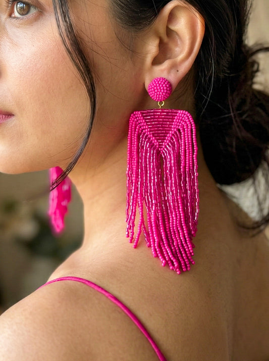Luxe Rosey Pink Handmade Beaded Tassel Earrings