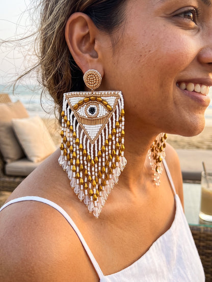 Luxe Evil Eye White Handmade Beaded Tassel Earrings