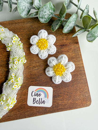 Luxe Flora Silver White Handmade Beaded Necklace + Earrings Set